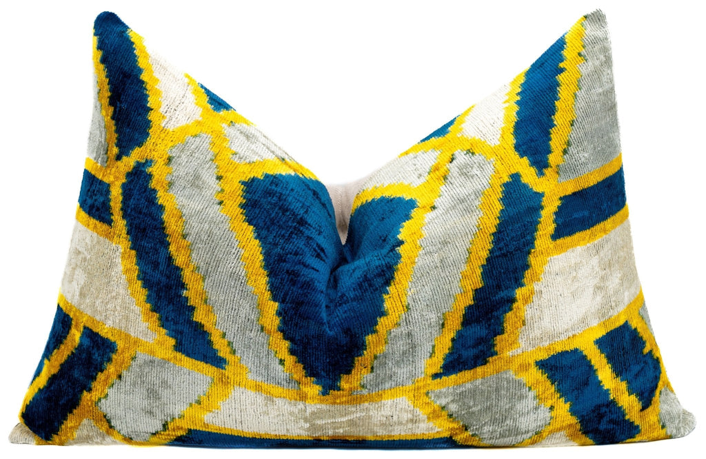 Canvello Handmade Throw Pillow Cover & Feather Insert | Gold Blue Gray | Soft Throw Pillow| Luxury Decorative for Couch | 16 x 24 in
