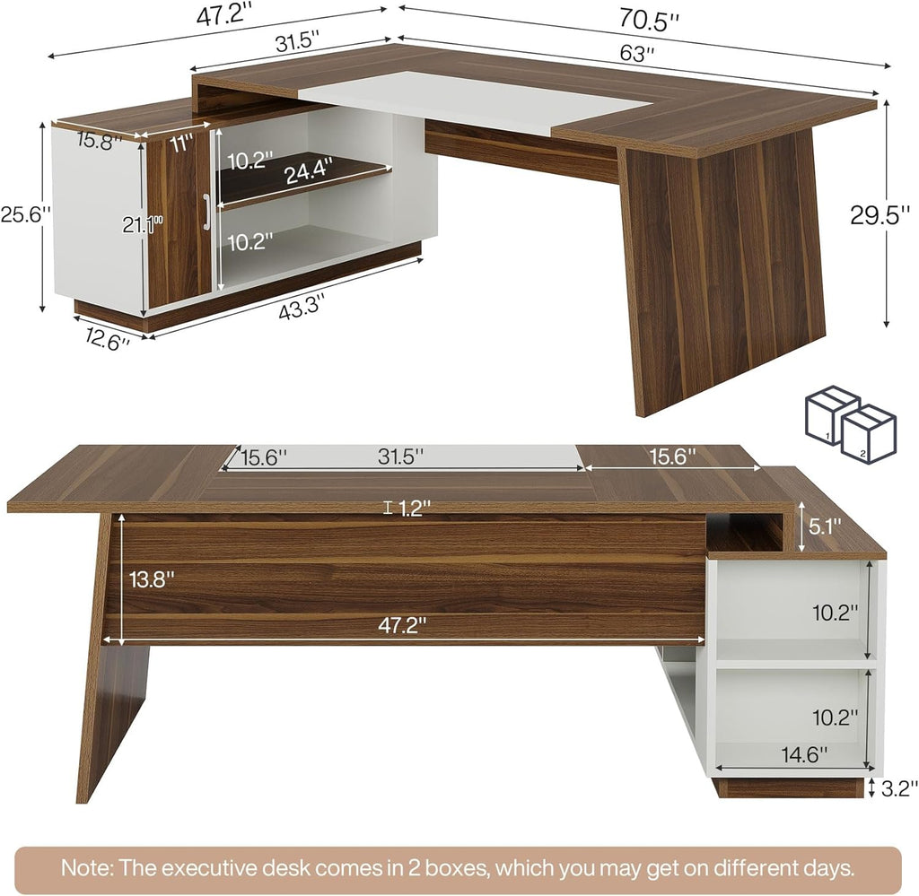 70.5" L-Shaped Executive Office Desk with Storage Cabinet & Shelves