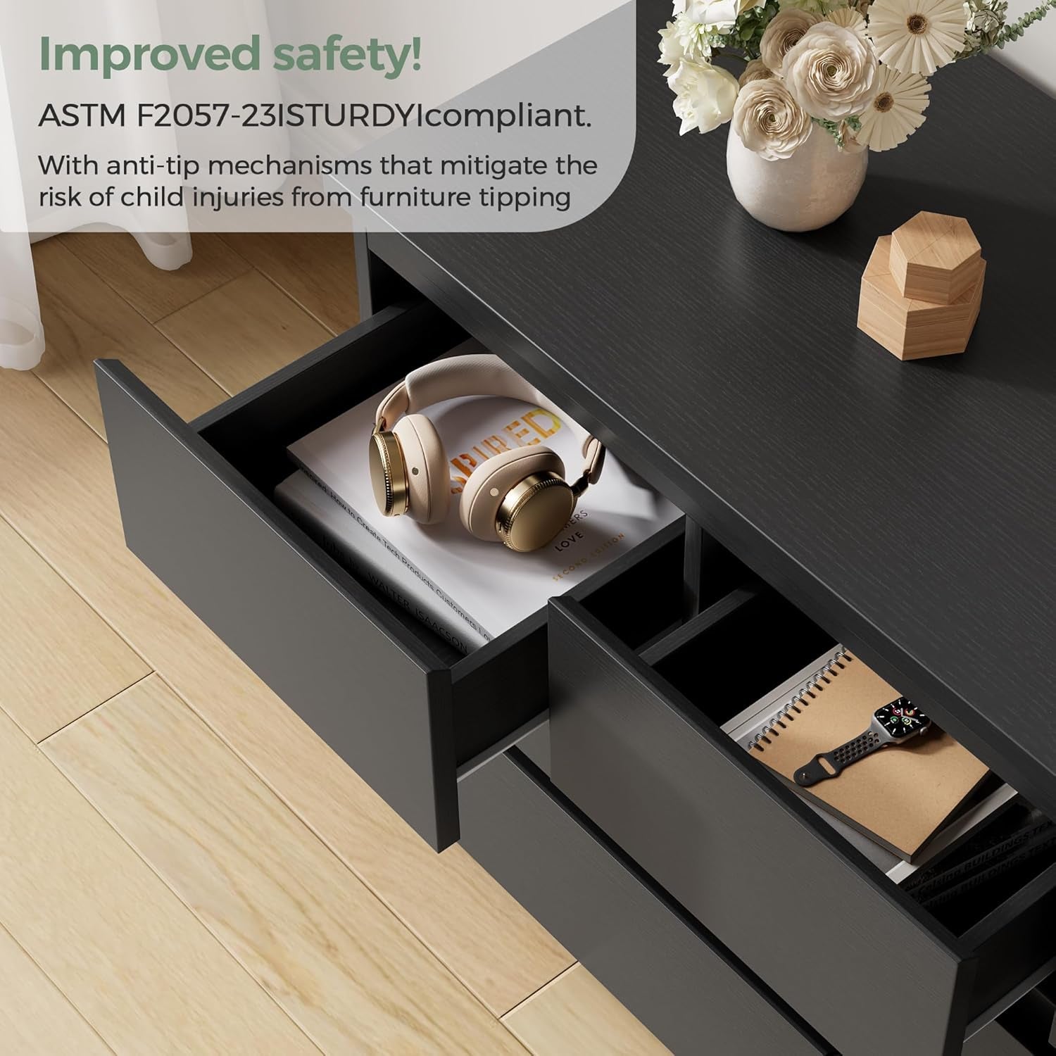 Black Seven Drawer Contemporary Wooden Dresser Bedroom