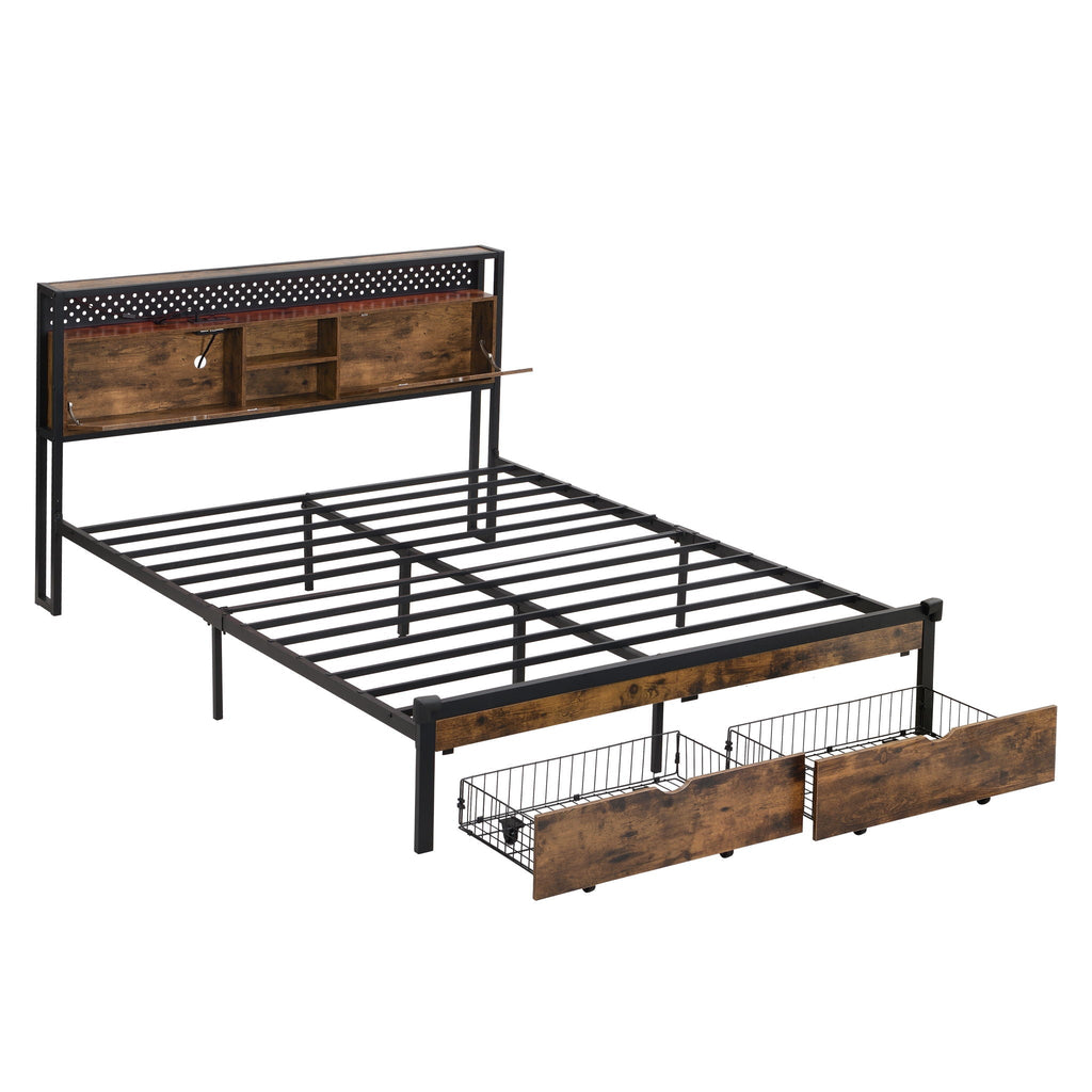 Modern Metal Platform Bed Frame with Wooden Headboard and Storage