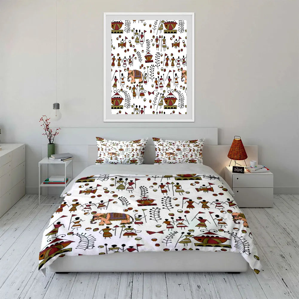 Hand-painted folk art featuring figures elephants Bedding Set for Kids Luxury Gift 3pcs Digital Print Comforter Set Soft warm