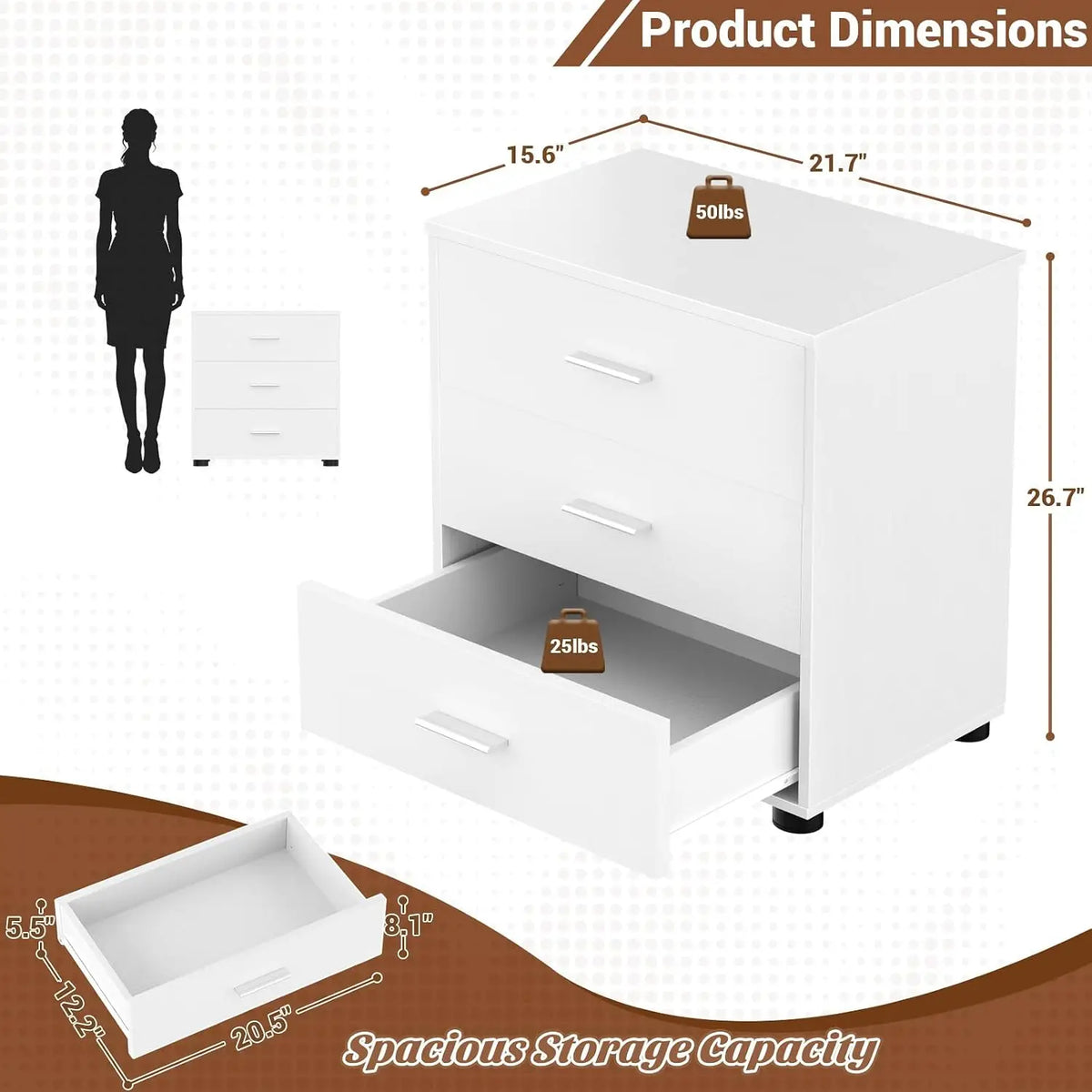 3 Drawer Wooden Closet Organizer Box, Stackable Storage Drawers Cabinet For Bedroom Wardrobe Organization, Multifunctional Bedside Nightstand End Table, Modern Home Furniture, White, Set Of 2