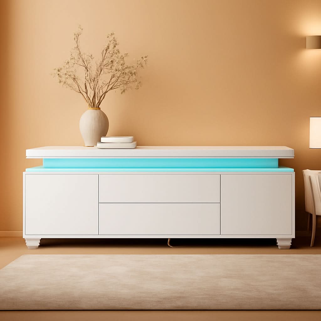 White Illuminated Television Stand With Power Outlet