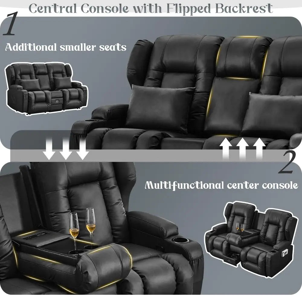 Loveseat Recliner Sofa, Manual Reclining Loveseat Sofa with FlipDown Console, Home Theater RV Recliner Couch with Cup Holders a