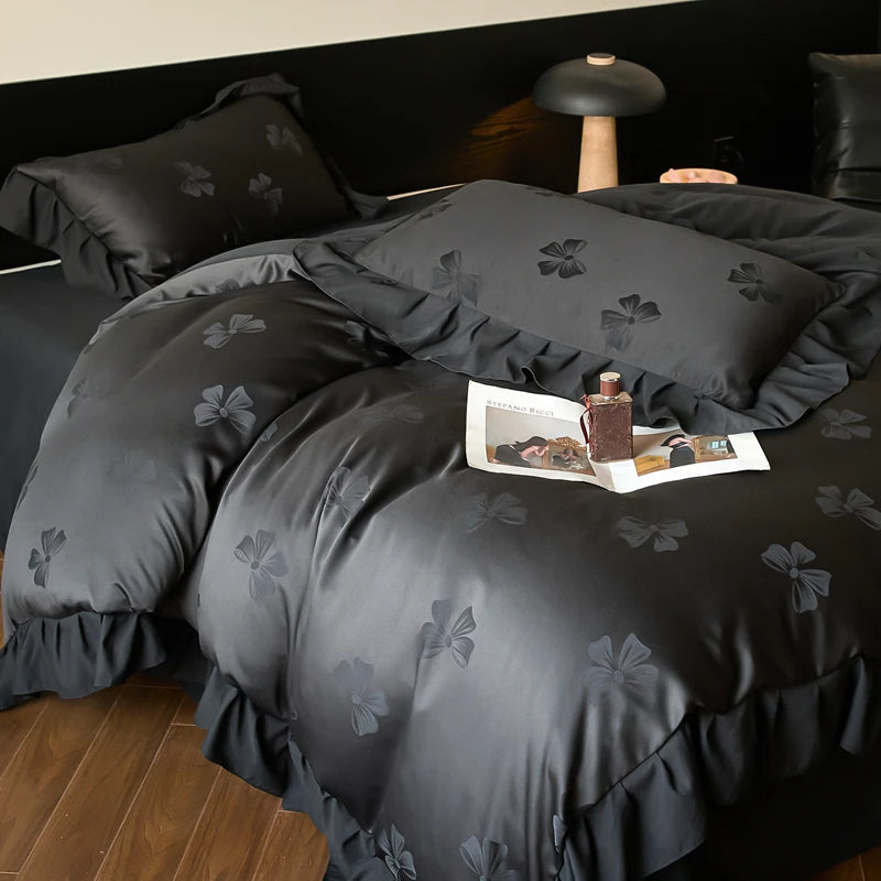 Jacquard Duvet Cover Set with Lace Washed Cotton Queen/King Size Black Comforter Cover housse de couette 220x240 Luxury Bedding