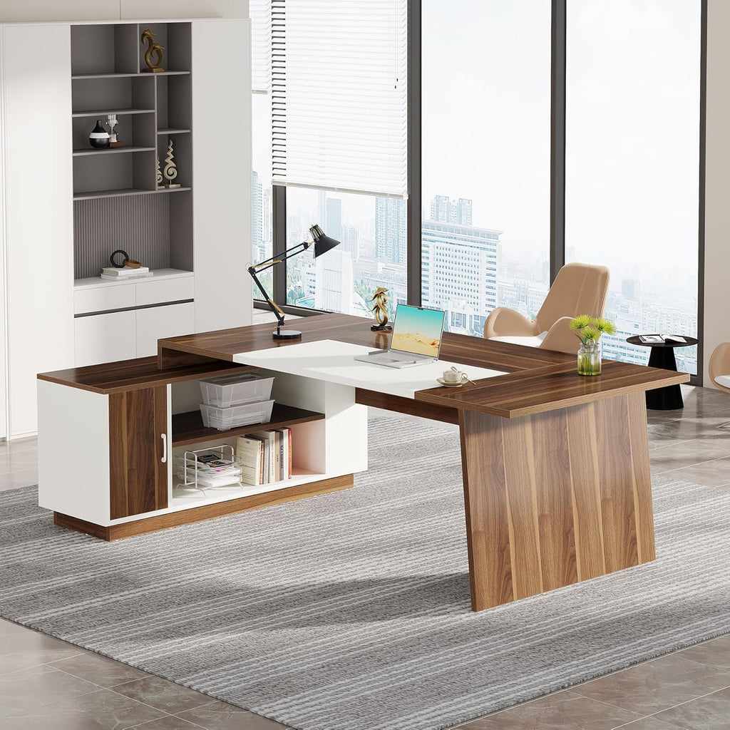 70.5" L-Shaped Executive Office Desk with Storage Cabinet & Shelves