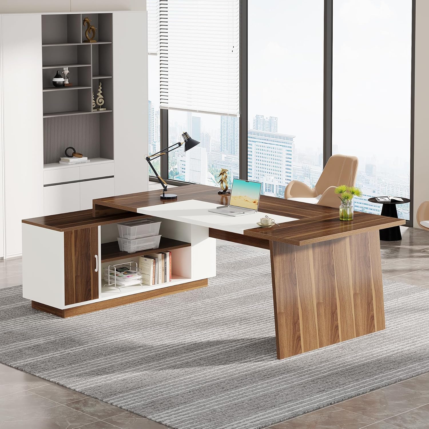 70.5" L-Shaped Executive Office Desk with Storage Cabinet & Shelves