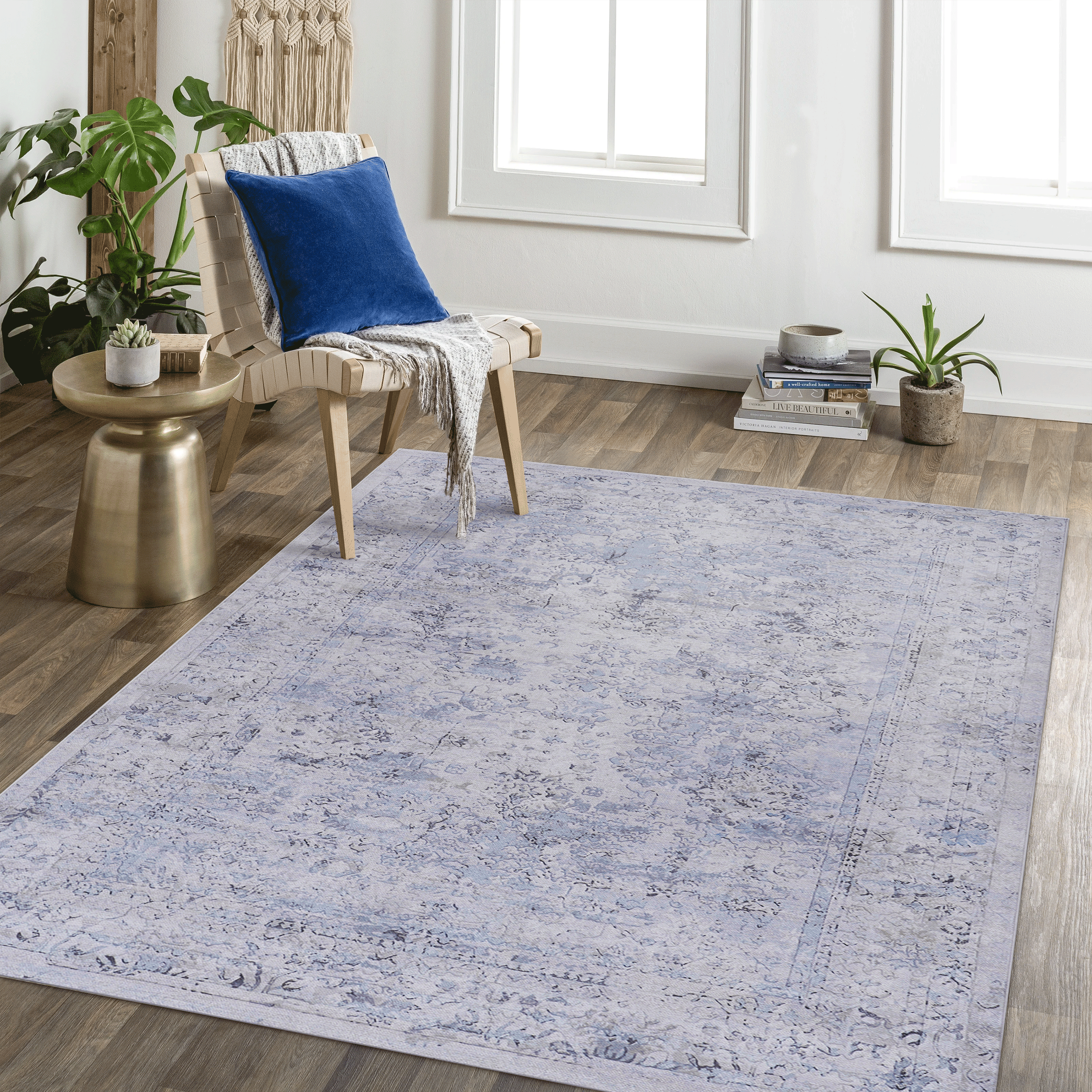Naar Maval Collection Blue/Cream Oriental Washable Area Rug