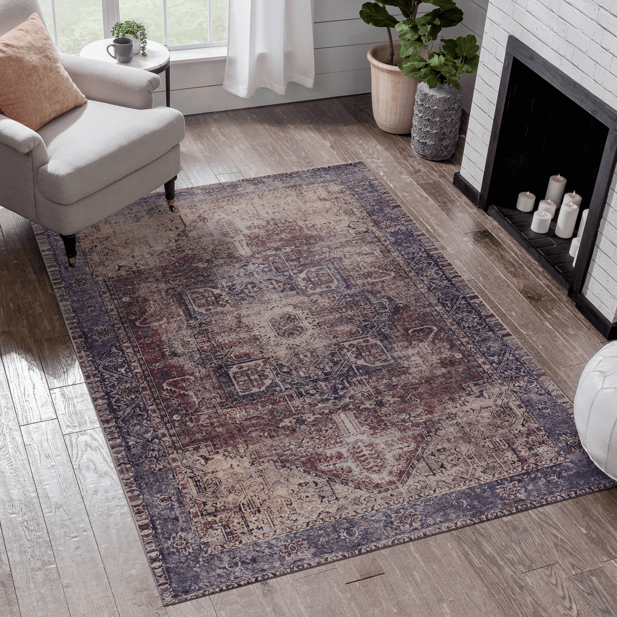 Naar Maval Collection Burgundy/Blue Oriental Washable Area Rug