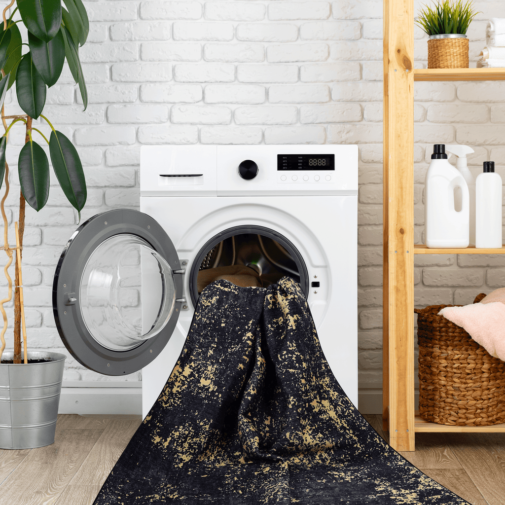 Naar Maval Collection Black/Gold Abstract Washable Area Rug