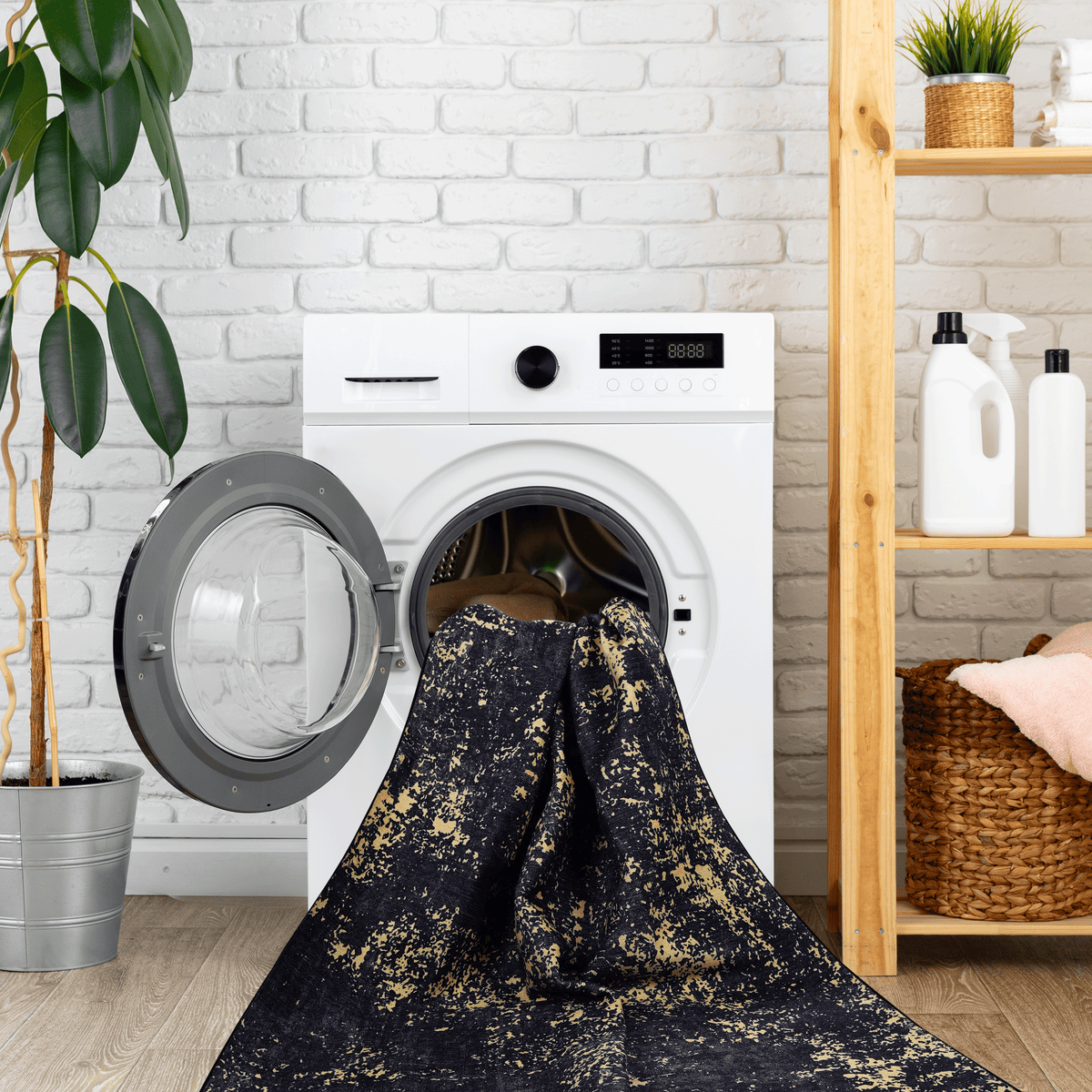Naar Maval Collection Black/Gold Abstract Washable Area Rug
