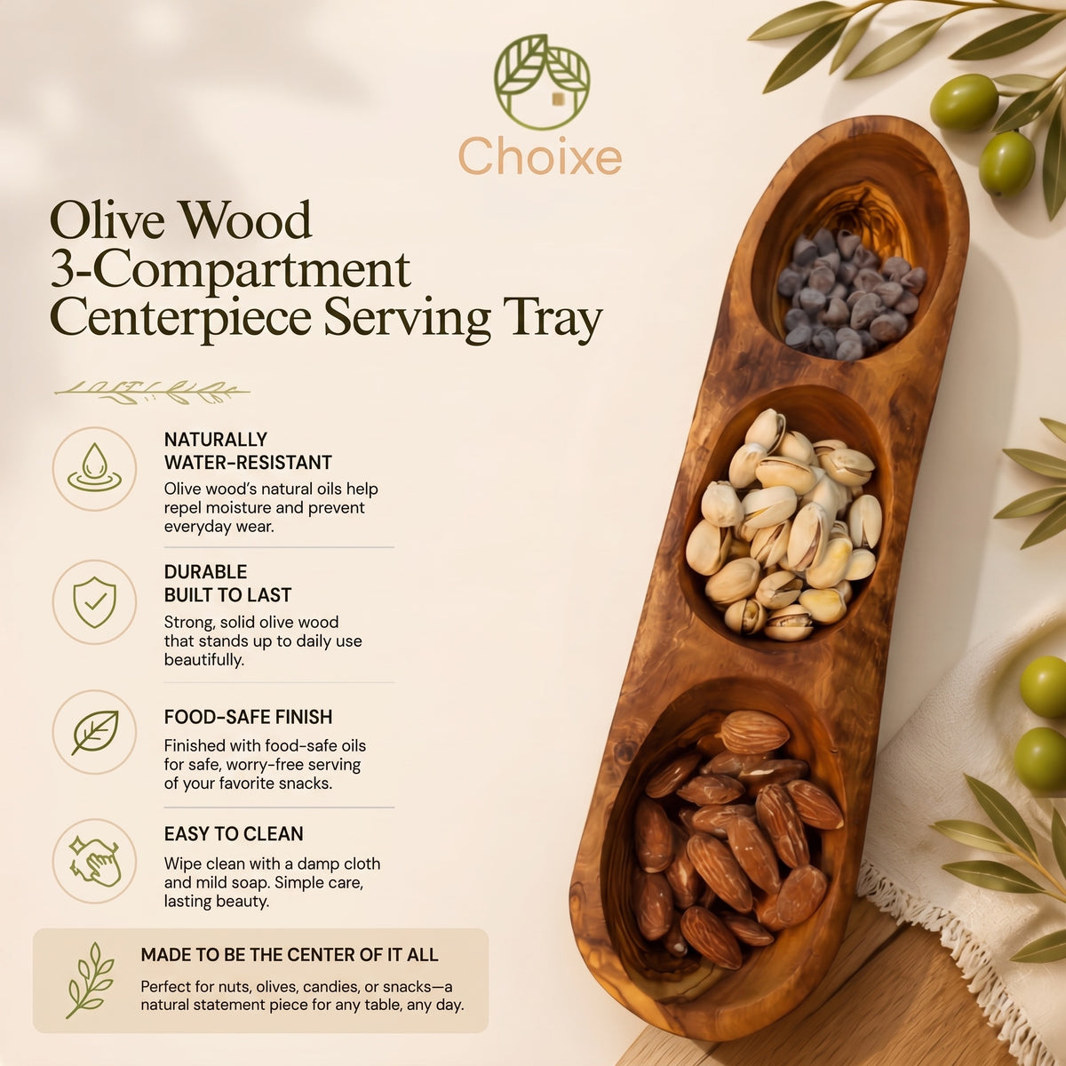 Olive Wood 3-Compartment Centerpiece Serving Tray