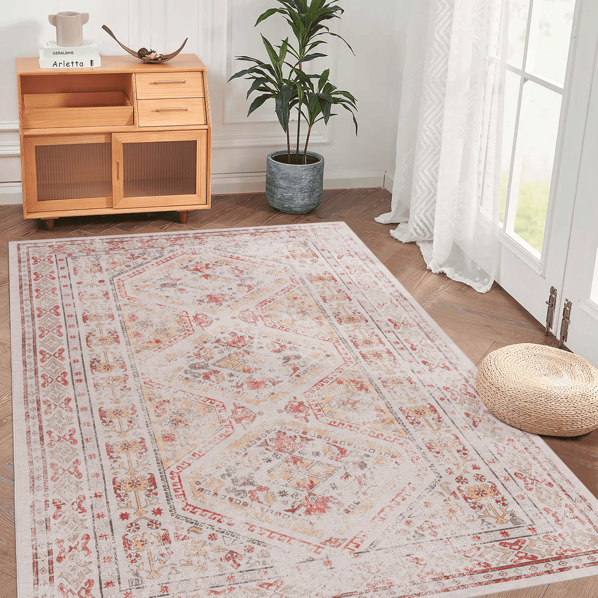 Naar Maval Collection Beige Oriental Washable Area Rug