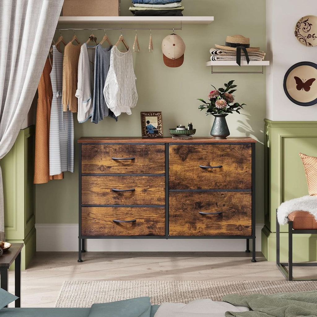 Rustic Brown Wood Grain 5 Drawer Dresser For Bedroom