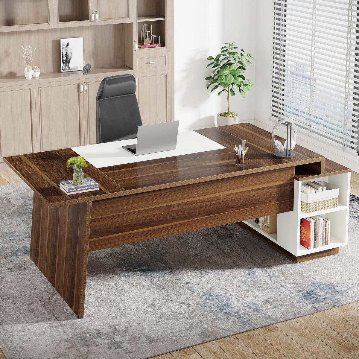 70.5" L-Shaped Executive Office Desk with Storage Cabinet & Shelves