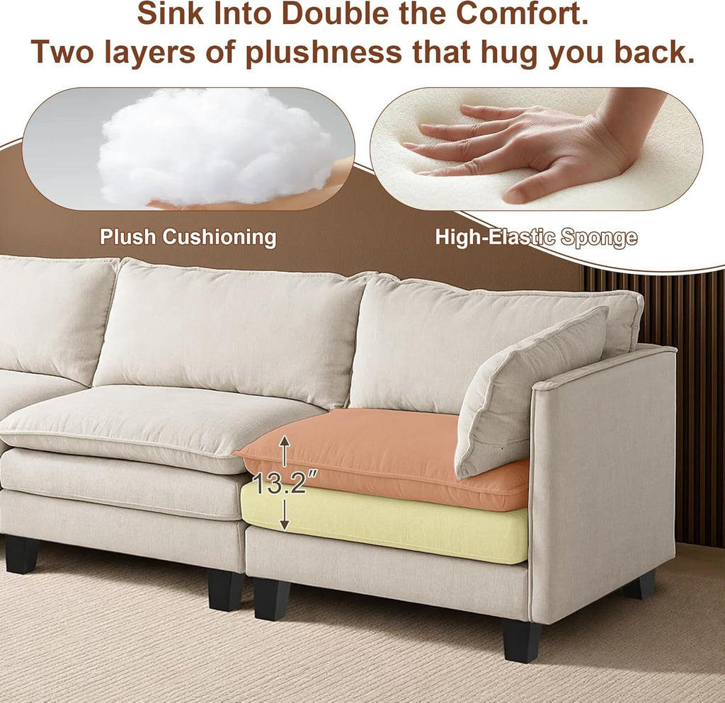 111Inch Modular Sectional Sofa Beige Upholstered Cushions