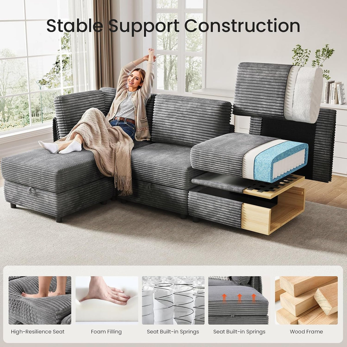 Gray Modular Sectional Sofa With Hidden Compartment