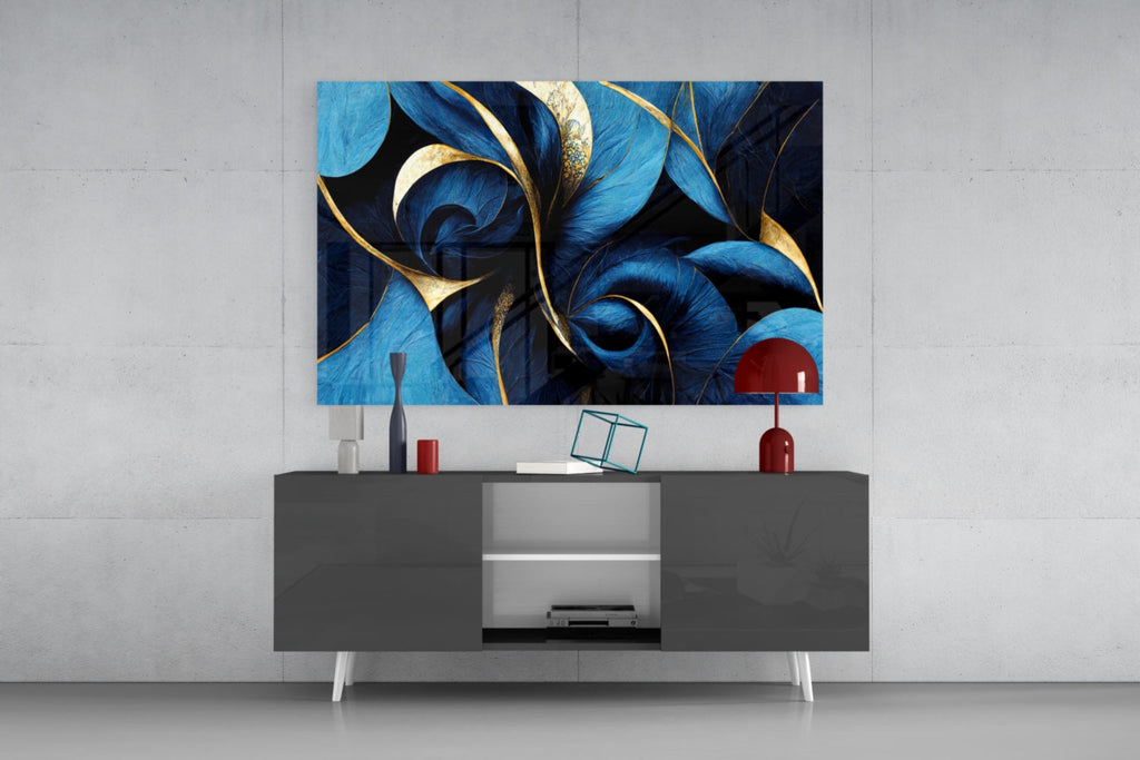 Sapphire Feather Spirals Gold Leaf Glass Wall Art