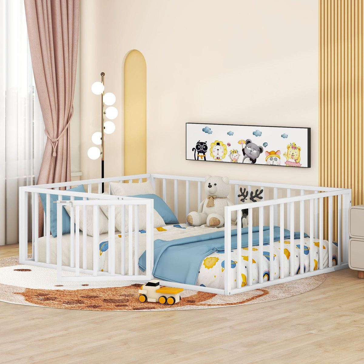 Metal Floor Bed Frame With Fence And Door