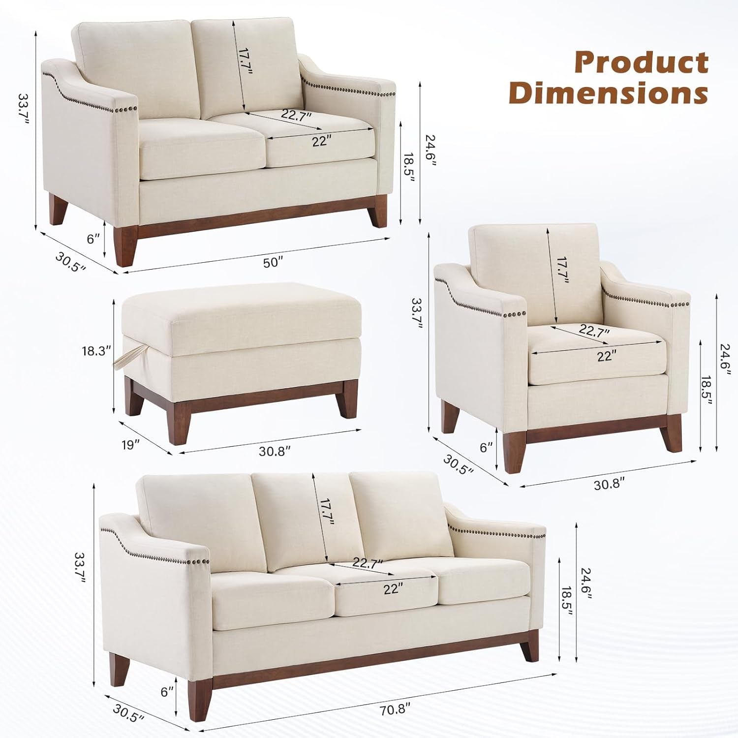 Beige ThreeSeater Upholstered Sofa With Nailhead Trim