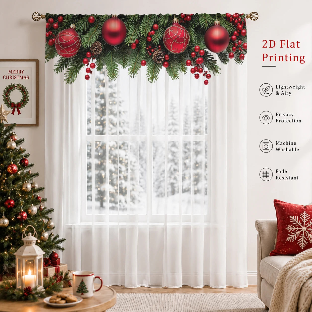 Xmas Sheer Window Curtain Xmas Ball Pine Branch Print Window Treatment Holiday Home Party Decor
