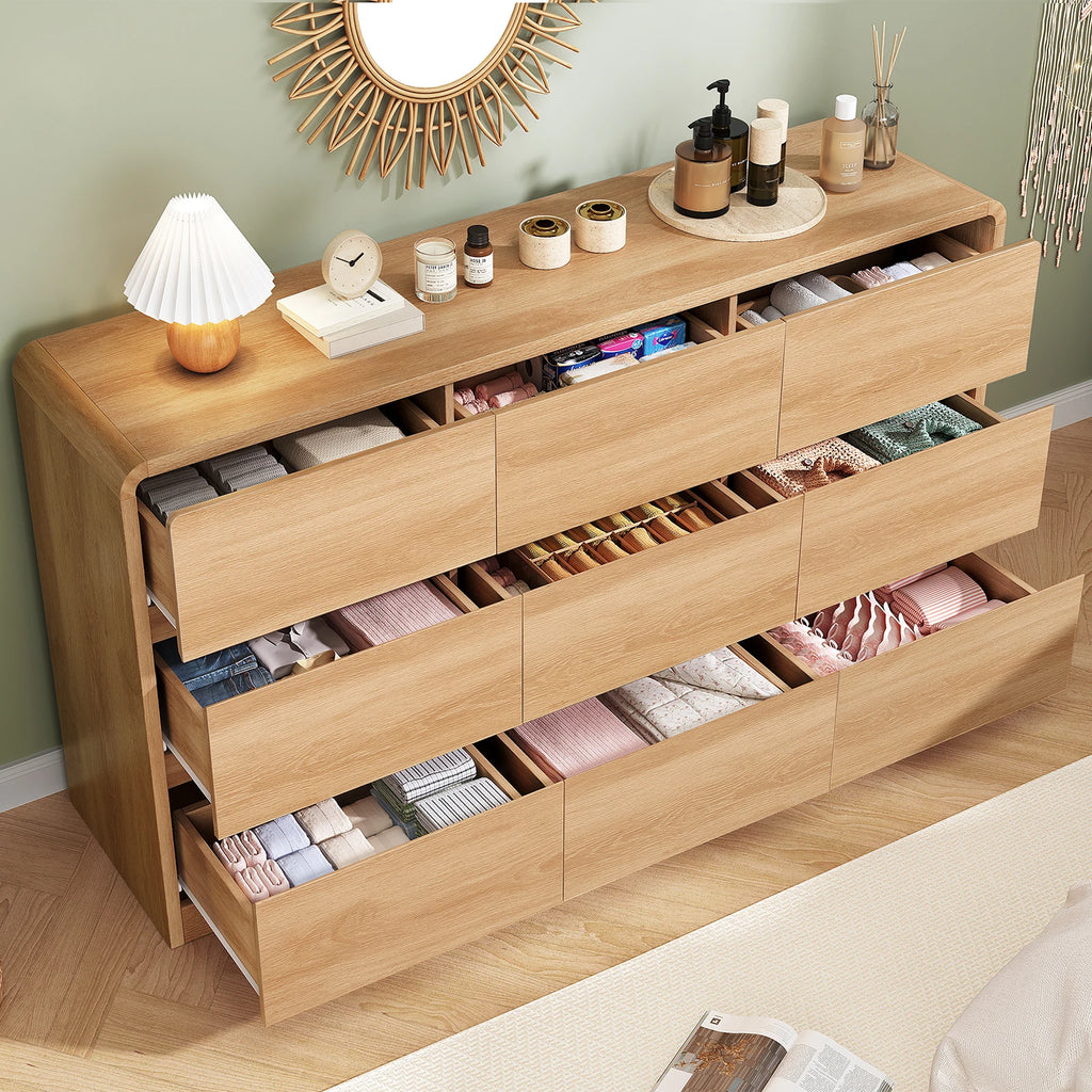 9 Drawer Dresser for Bedroom, 63" Wide Dressers & Chest of Drawers with Curved Profile Design, Wood Closet Storage Dressers Orga