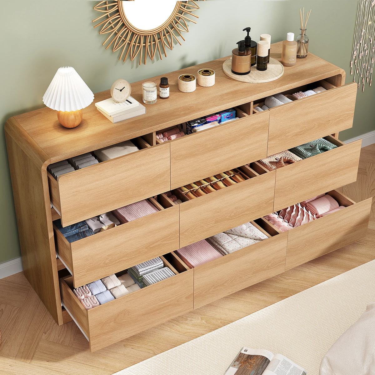9 Drawer Dresser for Bedroom, 63" Wide Dressers & Chest of Drawers with Curved Profile Design, Wood Closet Storage Dressers Orga