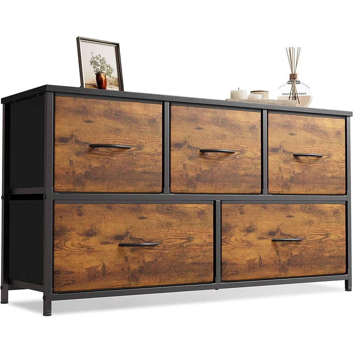 Rustic Wood 5 Drawer Dresser For Bedroom Storage Cabinet