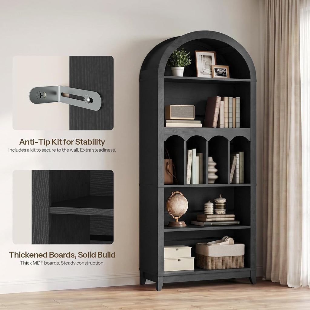 Black Five Tier Arched Bookcase For Bedroom Storage