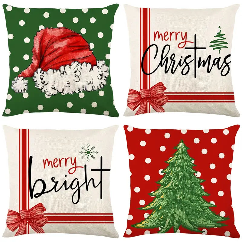Linen Throw Pillow Case with Christmas Hat & Tree Print