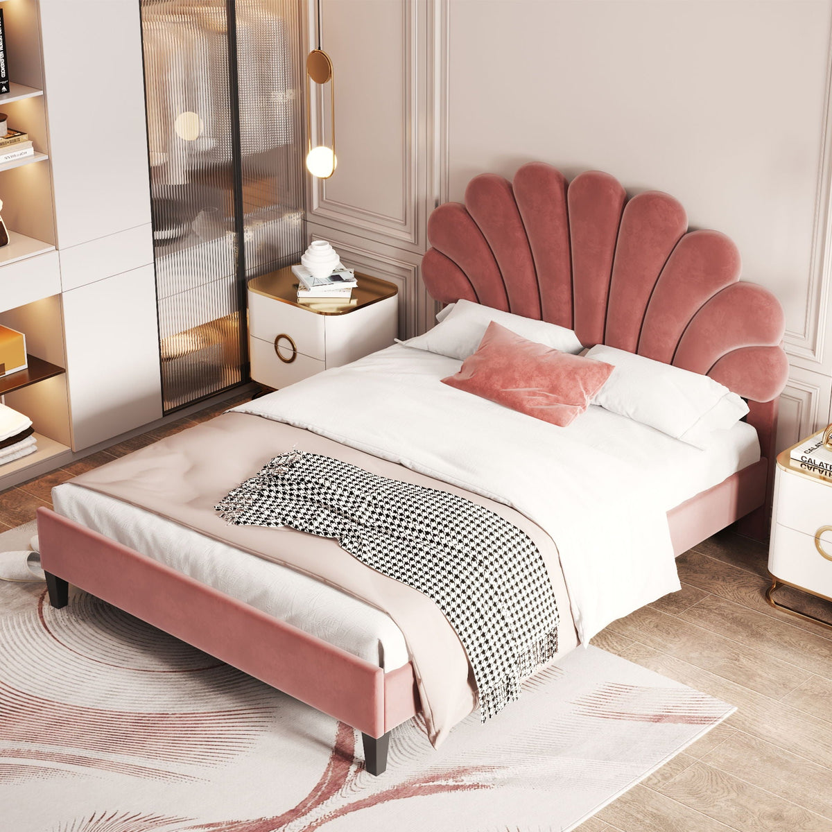Upholstered Platform Bed With Flower Pattern Headboard