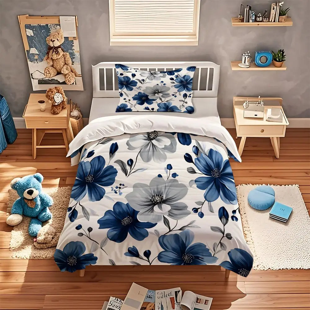 Blue Floral Duvet Cover Set Elegant Botanical Bedding Set Digital Print Quilt Cover Soft Microfiber Comforter Cover Home Decor