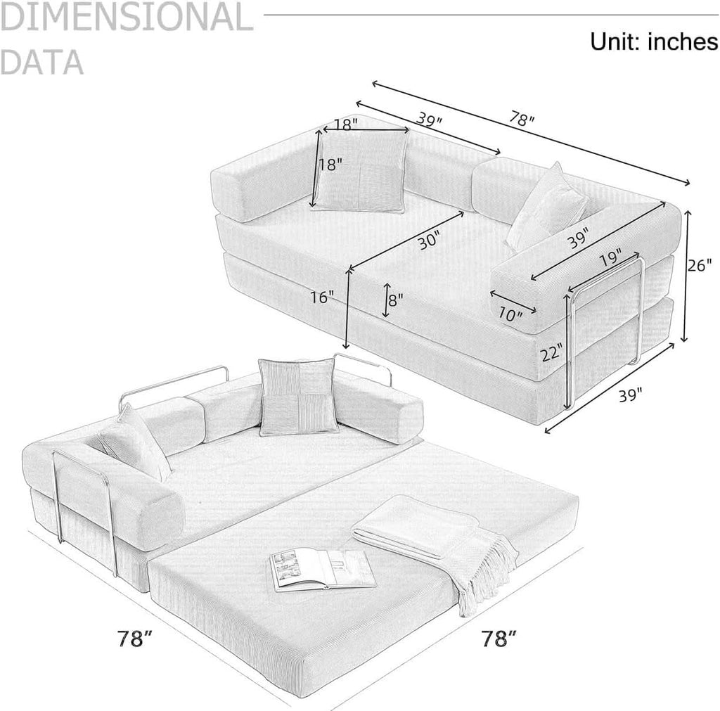 78Inch Convertible Sleeper Sofa Bed Beige Upholstery