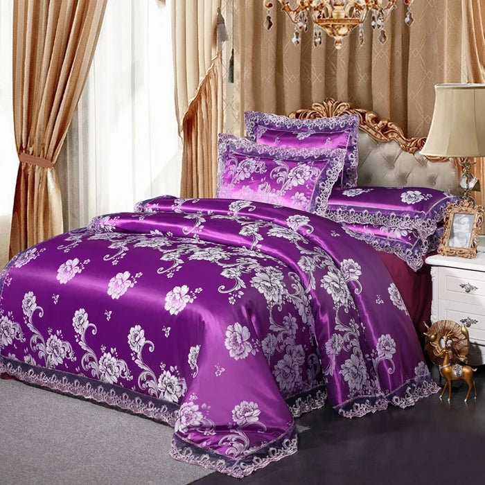 European Classical Luxury 4PCS Bedding Set Jacquard Tencel Modal Comforter Cover with Lace Sheet Pillowcases for King Queen Size