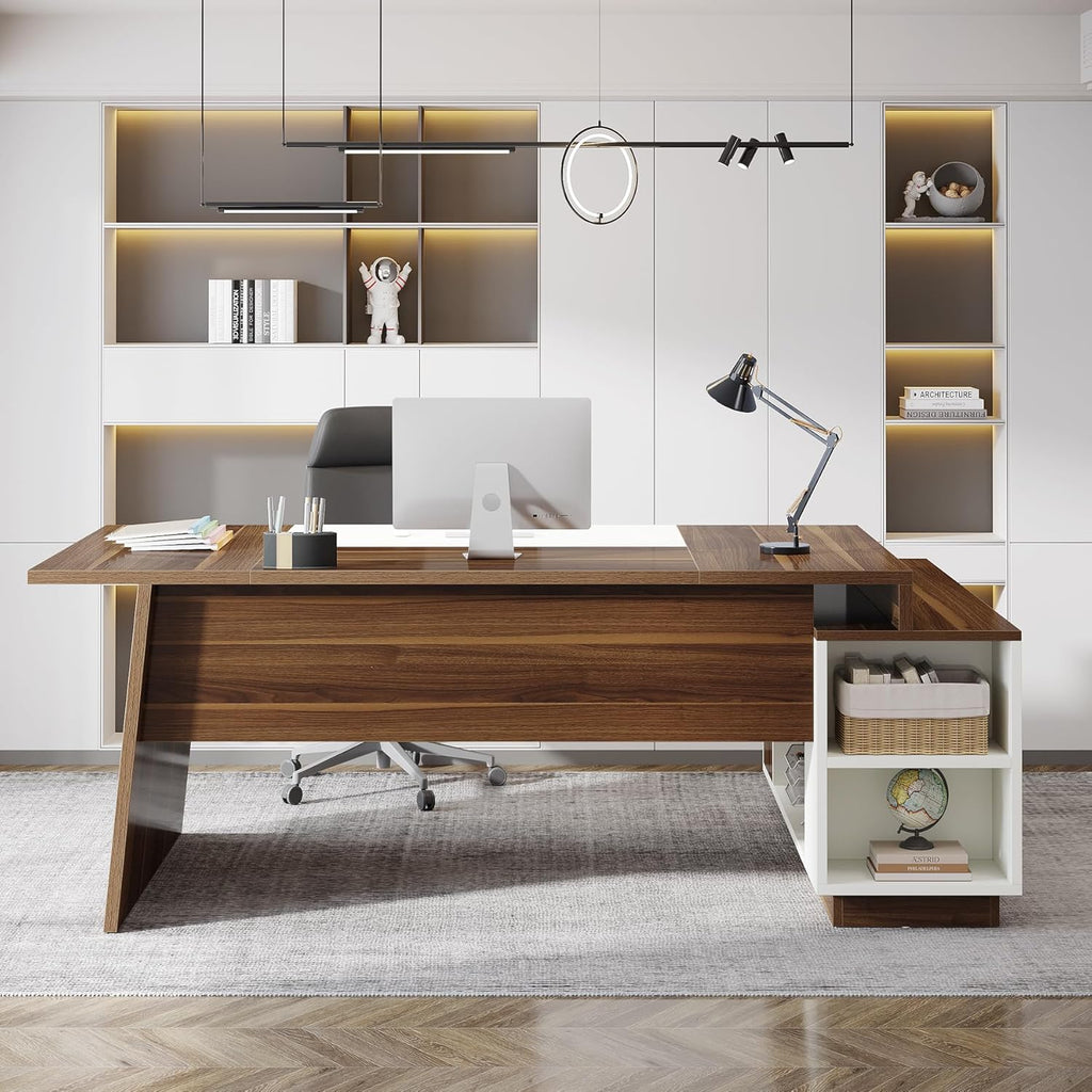 70.5" L-Shaped Executive Office Desk with Storage Cabinet & Shelves