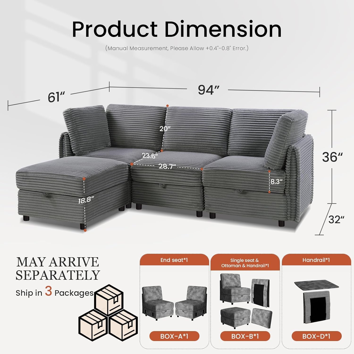 Gray Modular Sectional Sofa With Hidden Compartment