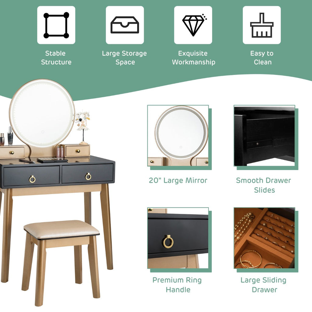 NNECW Dressing Table Stool Set with Makeup Mirror for Bedroom-Black