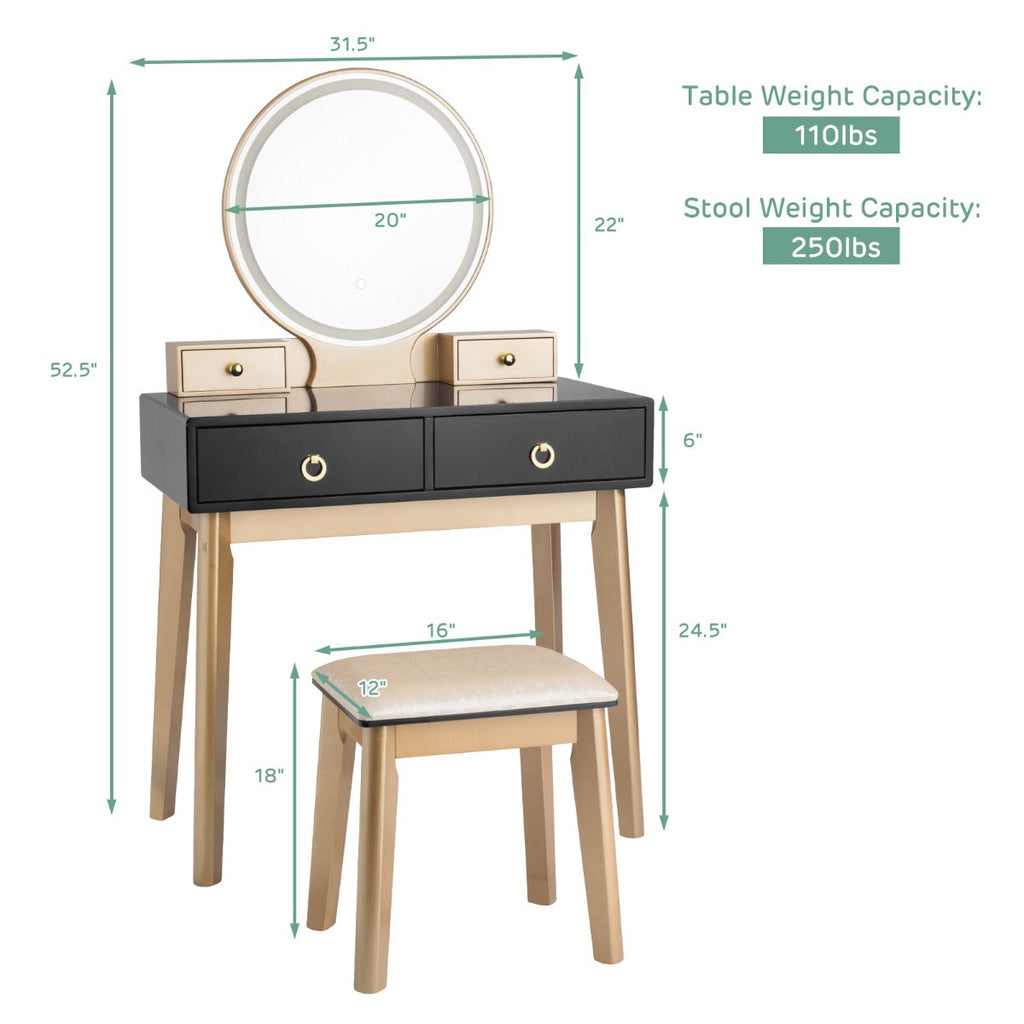 NNECW Dressing Table Stool Set with Makeup Mirror for Bedroom-Black