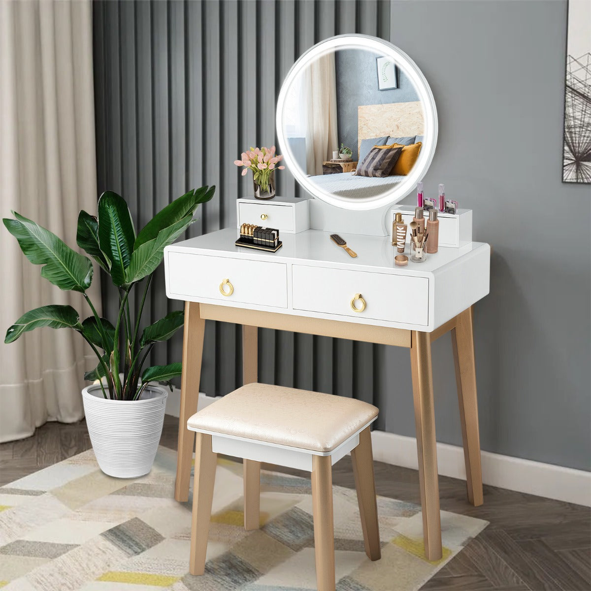 NNECW Dressing Table Stool Set with Makeup Mirror for Bedroom-White