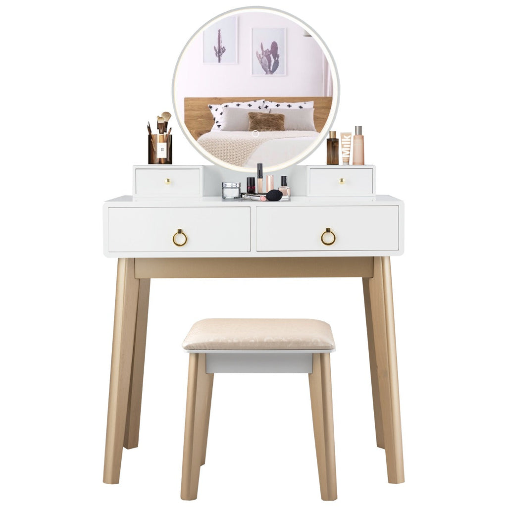 NNECW Dressing Table Stool Set with Makeup Mirror for Bedroom-White