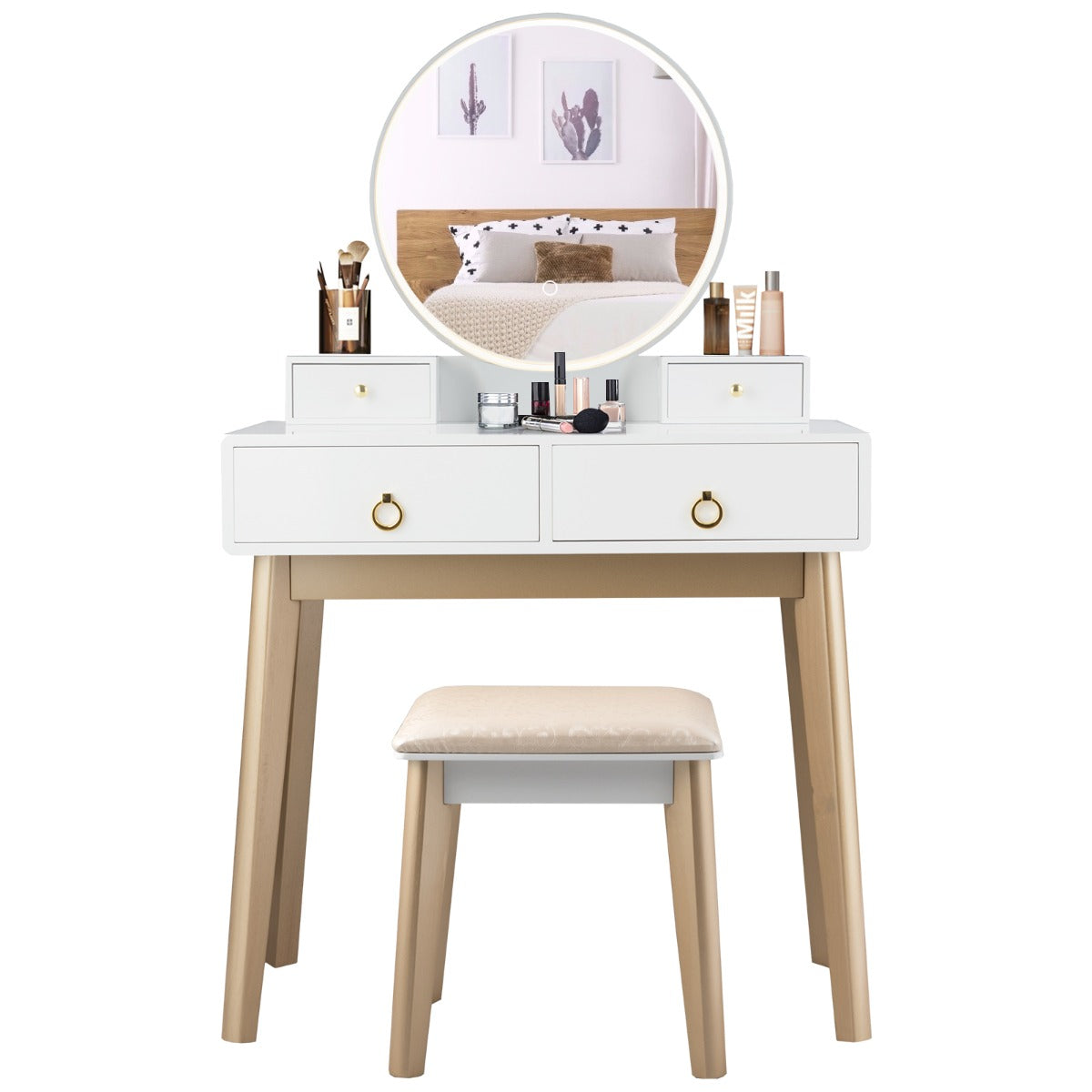 NNECW Dressing Table Stool Set with Makeup Mirror for Bedroom-White