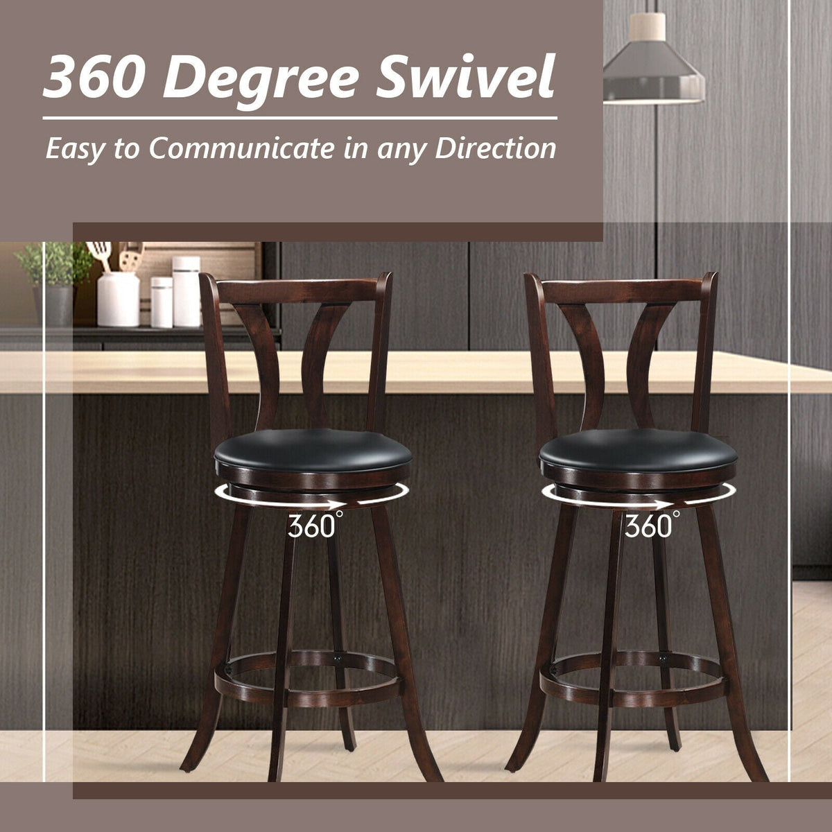 Set of 2 Swivel Bar stool 24 Inch Counter Height Leather Padded Dining Kitchen Chair