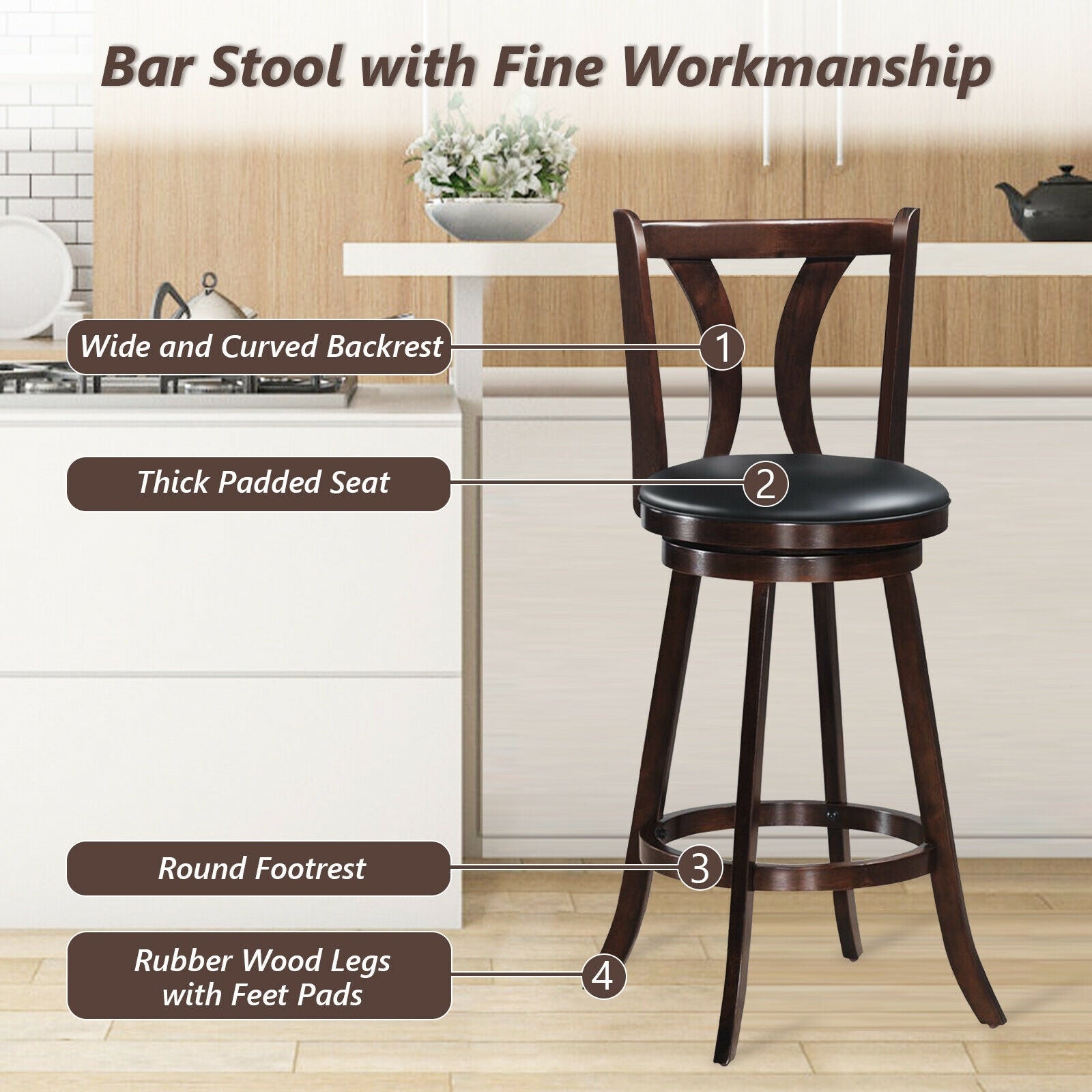Set of 2 Swivel Bar stool 24 Inch Counter Height Leather Padded Dining Kitchen Chair