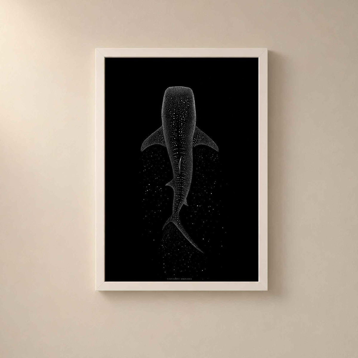 Affiche requin baleine, art mural océan minimaliste, pointillisme blanc sur noir