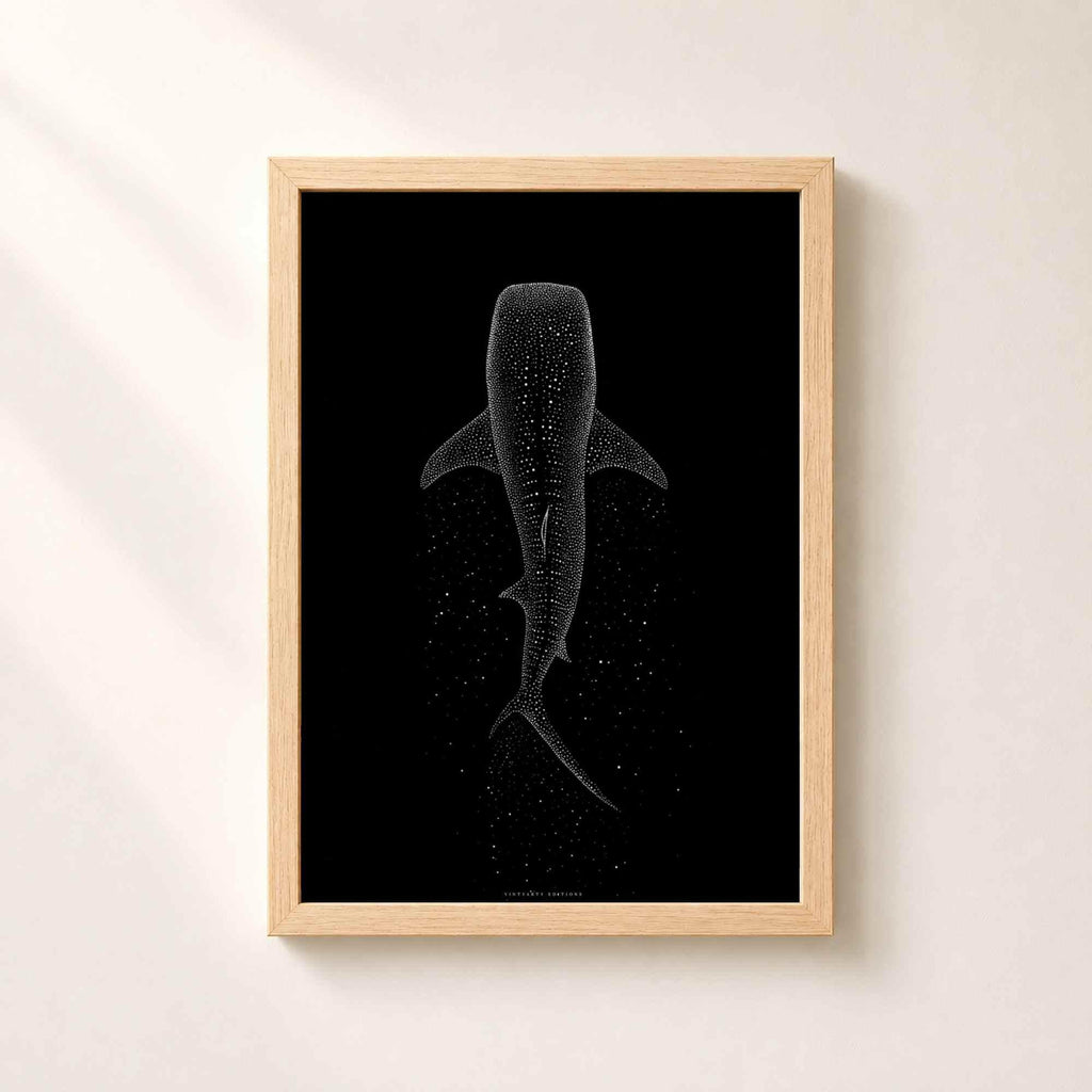 Affiche requin baleine, art mural océan minimaliste, pointillisme blanc sur noir