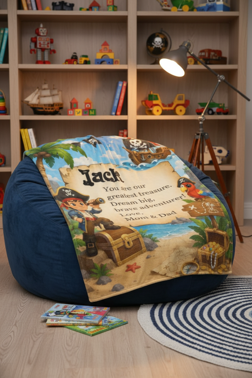 Personalized Pirate Blanket with Name and Message - Custom Treasure Island Fleece Throw for Boys and Kids - Pirate Adventure Gift