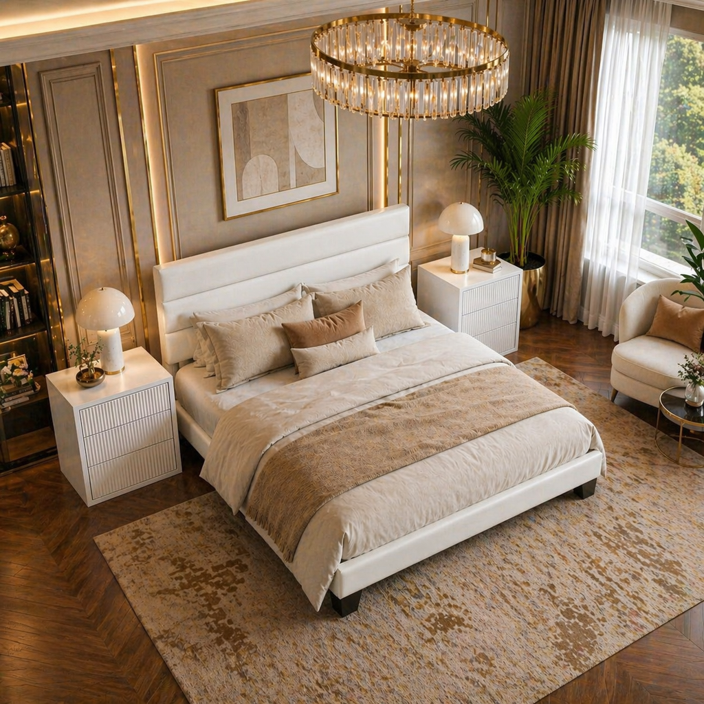 King Bedroom Set with Velvet Upholstered Platform Bed Frame & 2 White Fluted 3-Drawer Nightstands