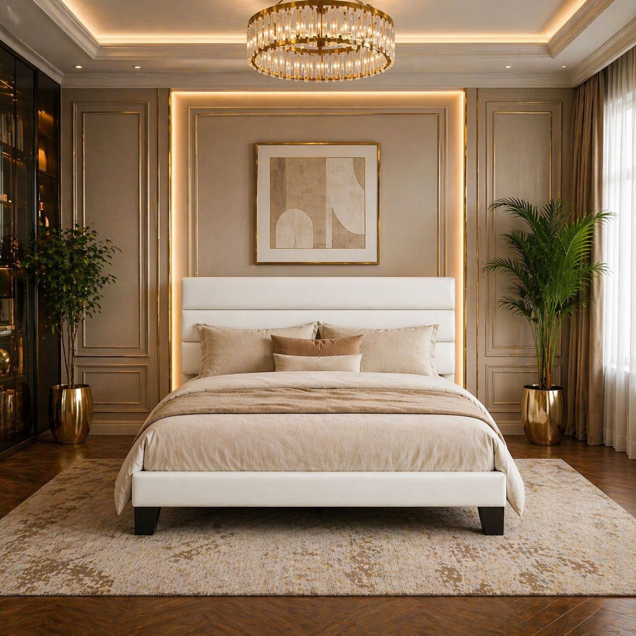 King Bedroom Set with Velvet Upholstered Platform Bed Frame & 2 White Fluted 3-Drawer Nightstands