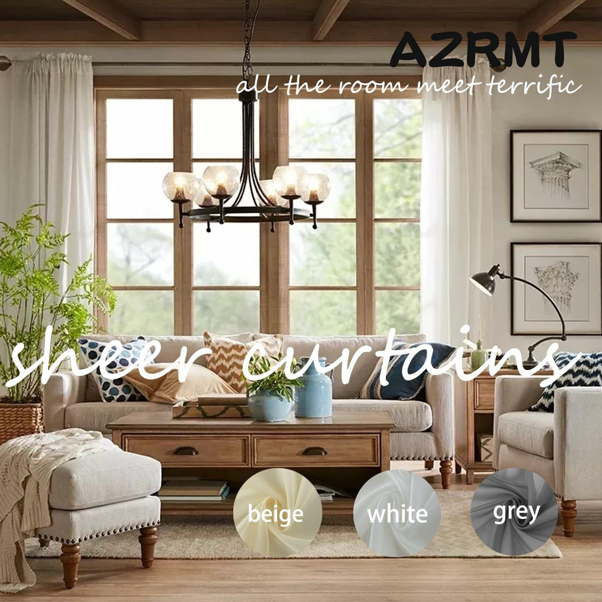 AZRMT Curtains 2 Panels 37x120 Inches Long Grey Sheer Rod Pocket Drapes