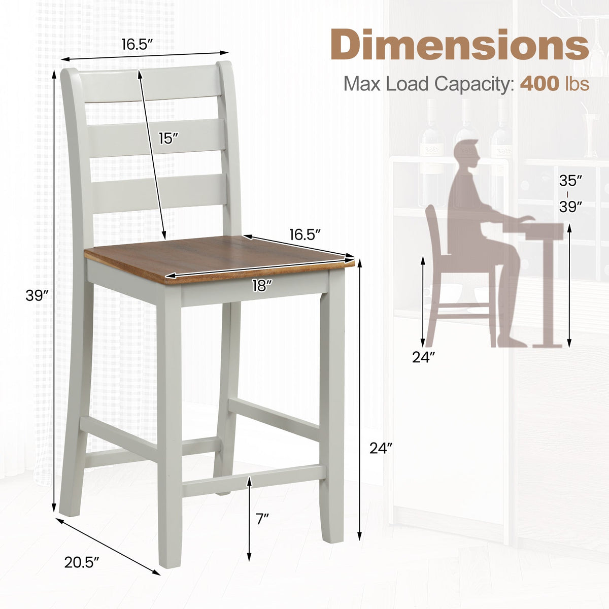 Set of 2 Counter Bar Stool with Inclined Backrest and Footrest-Gray